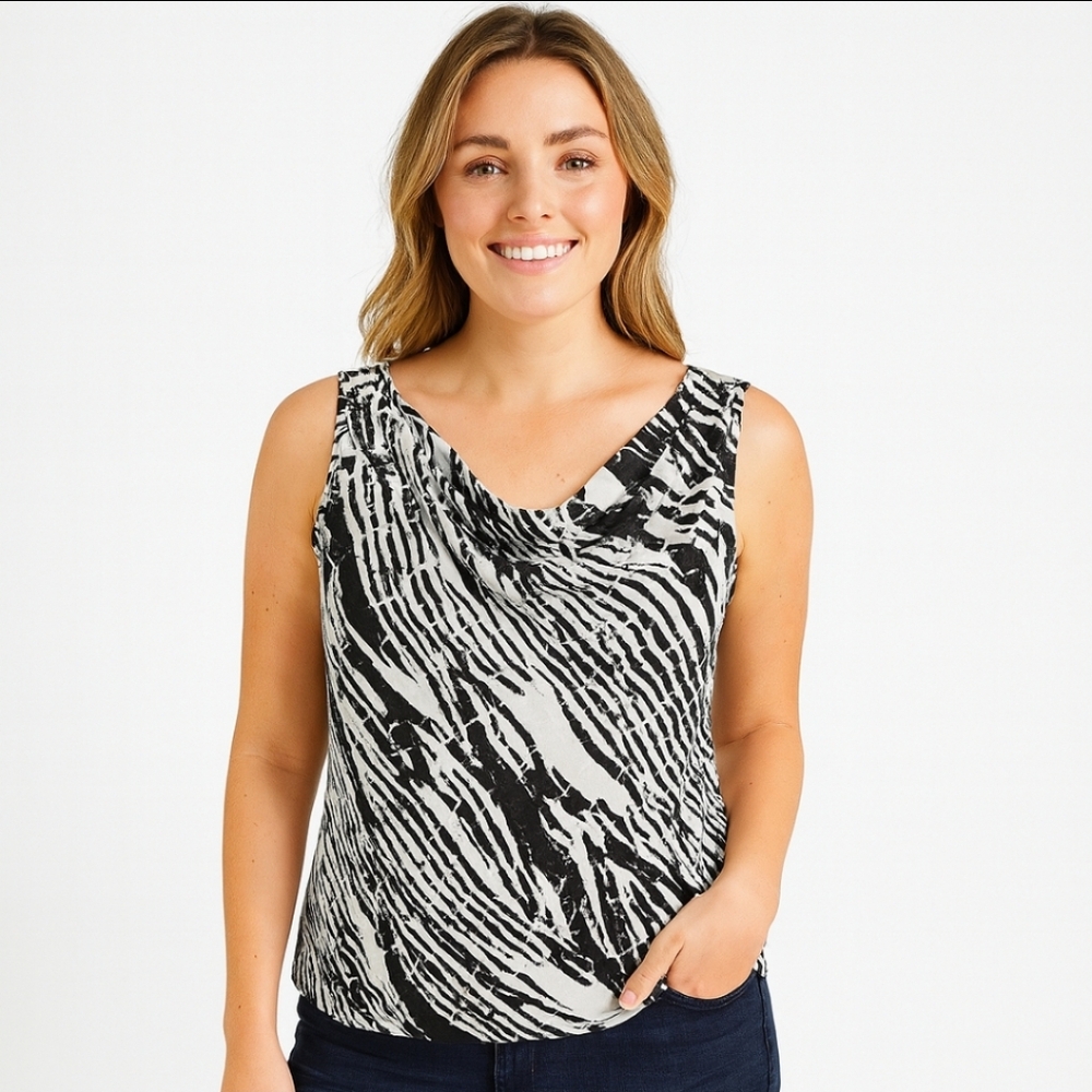 Spense Black Sleeveless Draped Neck Top Mobwife Geometric Womens Blouse Sz XL